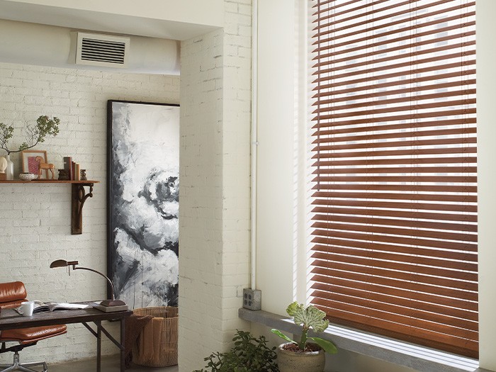Home office featuring EverWood® Alternative Wood Blinds in TruGrain®  Color: Praline